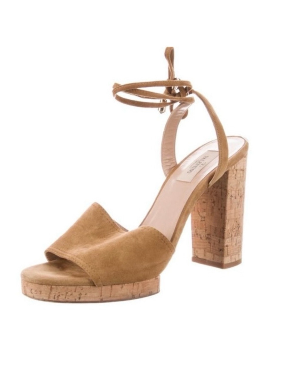 Valentino Garavani Erin B tan suede cork-heel sandals with ankle wrap in box!
